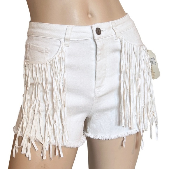 Altar'd State Fringe Shorts Hippie Stretch Denim Cowboy Moto Hi Waist Distressed - Picture 5 of 16